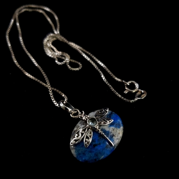 Blue azurite dragonfly pendant necklace + 925 sterling silver chain - Picture 10 of 13